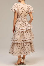 damla beige Puff Sleeves Dot Printed Top And Skirt Two-Piece Set