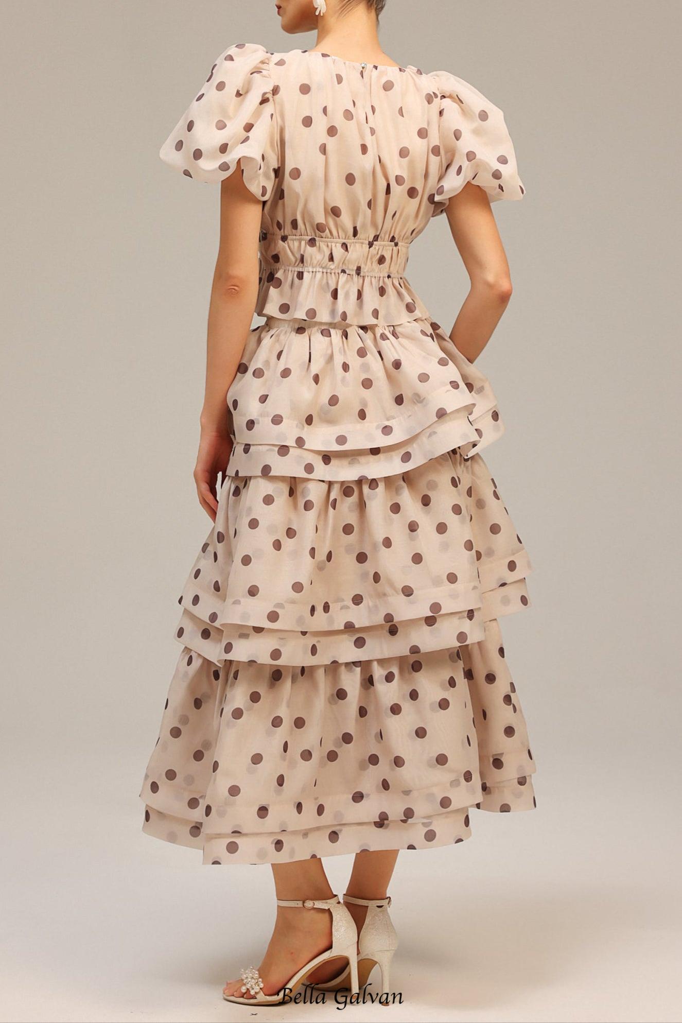 damla beige Puff Sleeves Dot Printed Top And Skirt Two-Piece Set
