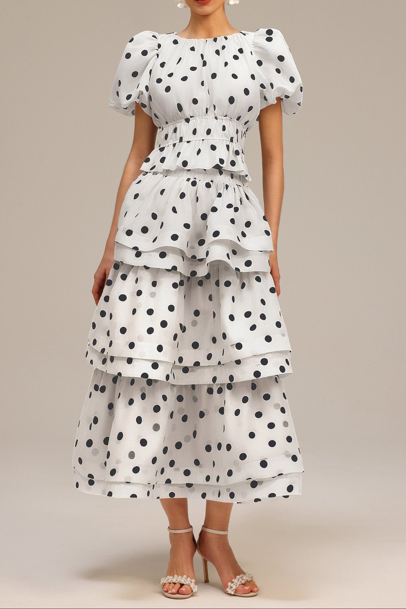 Damla White Puff Sleeves Dot Printed Top And Skirt Two-Piece Set