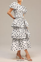 damla white Puff Sleeves Dot Printed Top And Skirt Two-Piece Set