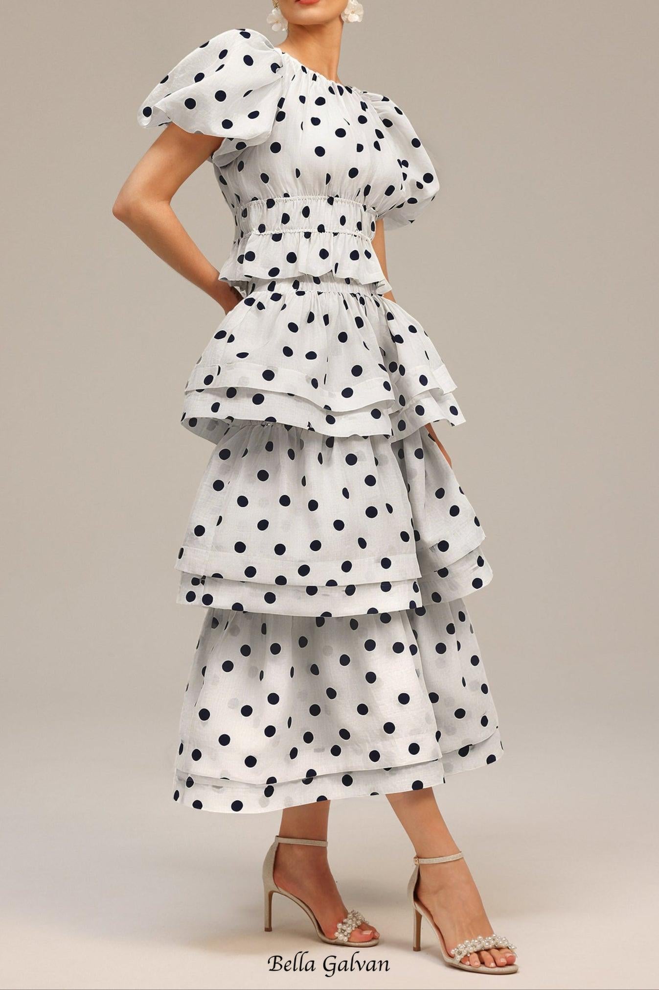 damla white Puff Sleeves Dot Printed Top And Skirt Two-Piece Set