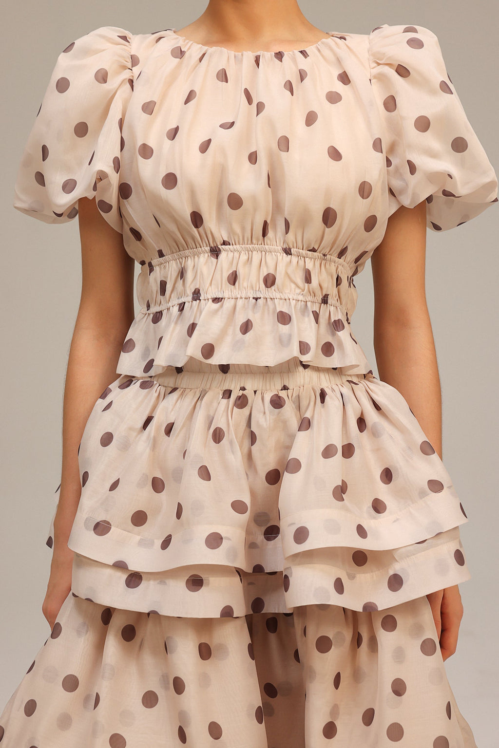 damla beige Puff Sleeves Dot Printed Top And Skirt Two-Piece Set