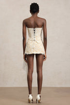 white Herringbone tube top floral ruffle mini dress suit