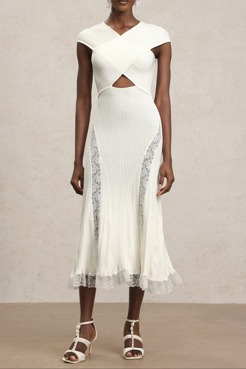 Rcia Sleeveless Lace Hollow Out Bandage Midi Dress