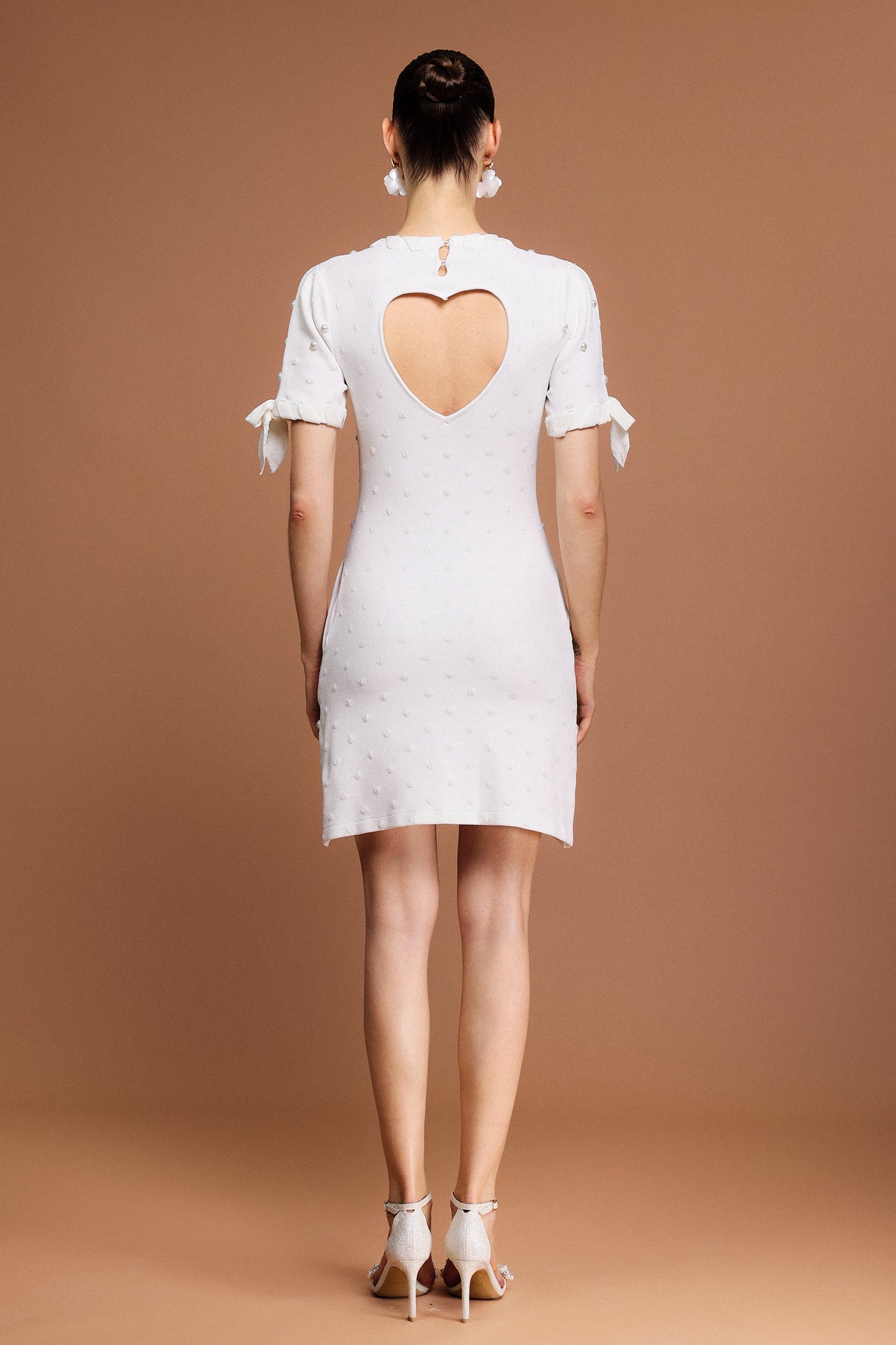 Round Neck Short Sleeves Pearl Dot Printed Mini Dress
