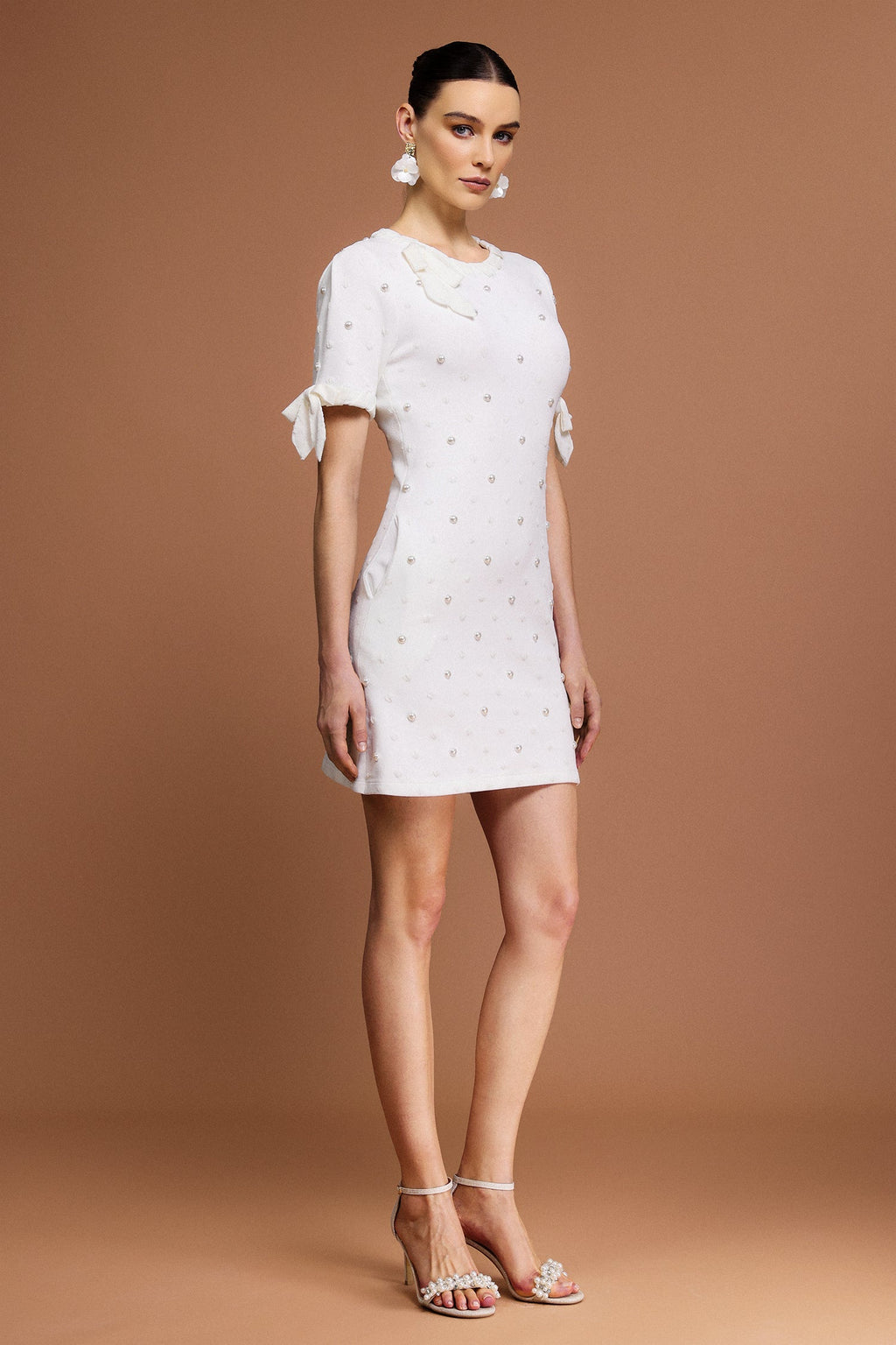 Round Neck Short Sleeves Pearl Dot Printed Mini Dress