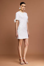 Round Neck Short Sleeves Pearl Dot Printed Mini Dress