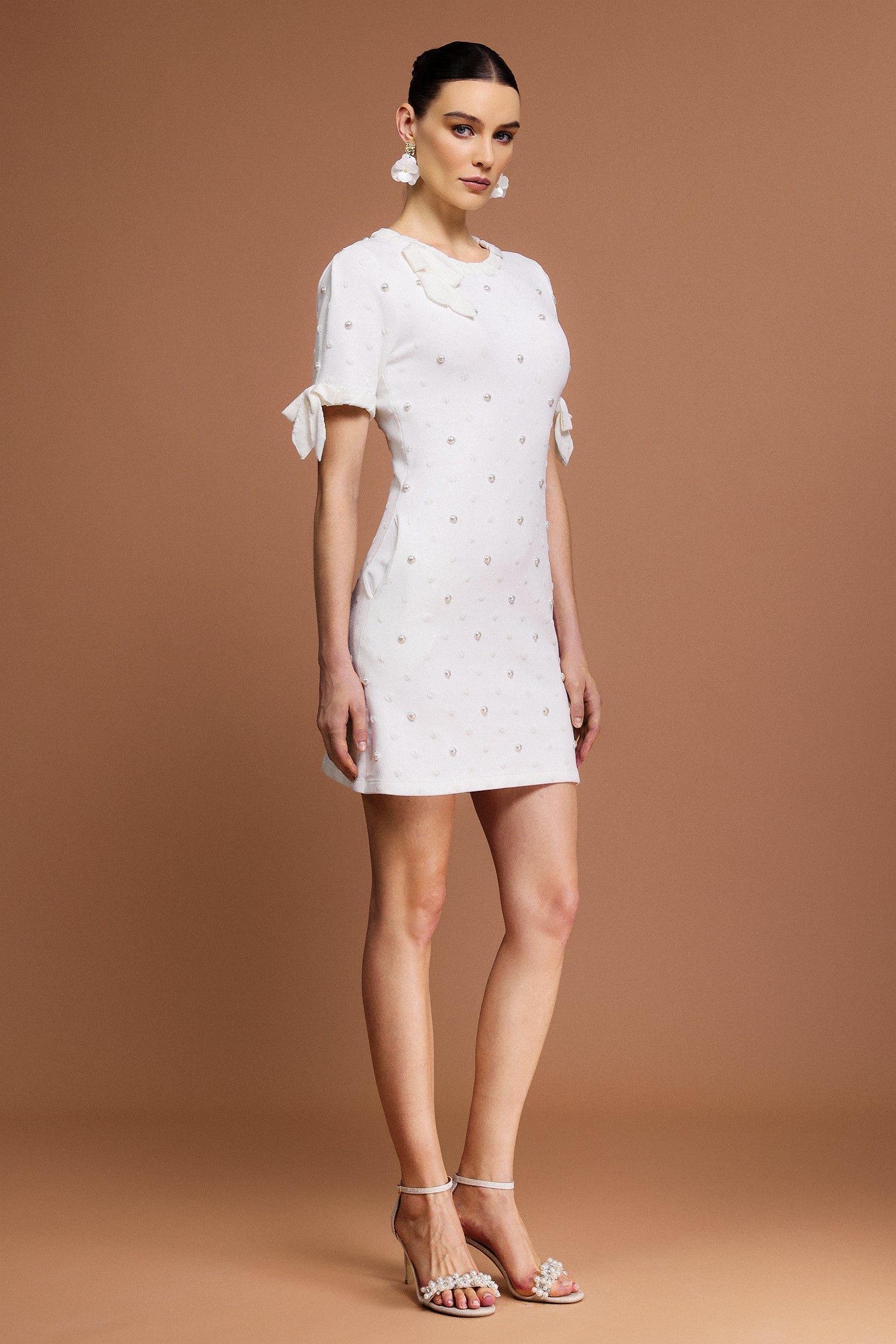 Round Neck Short Sleeves Pearl Dot Printed Mini Dress