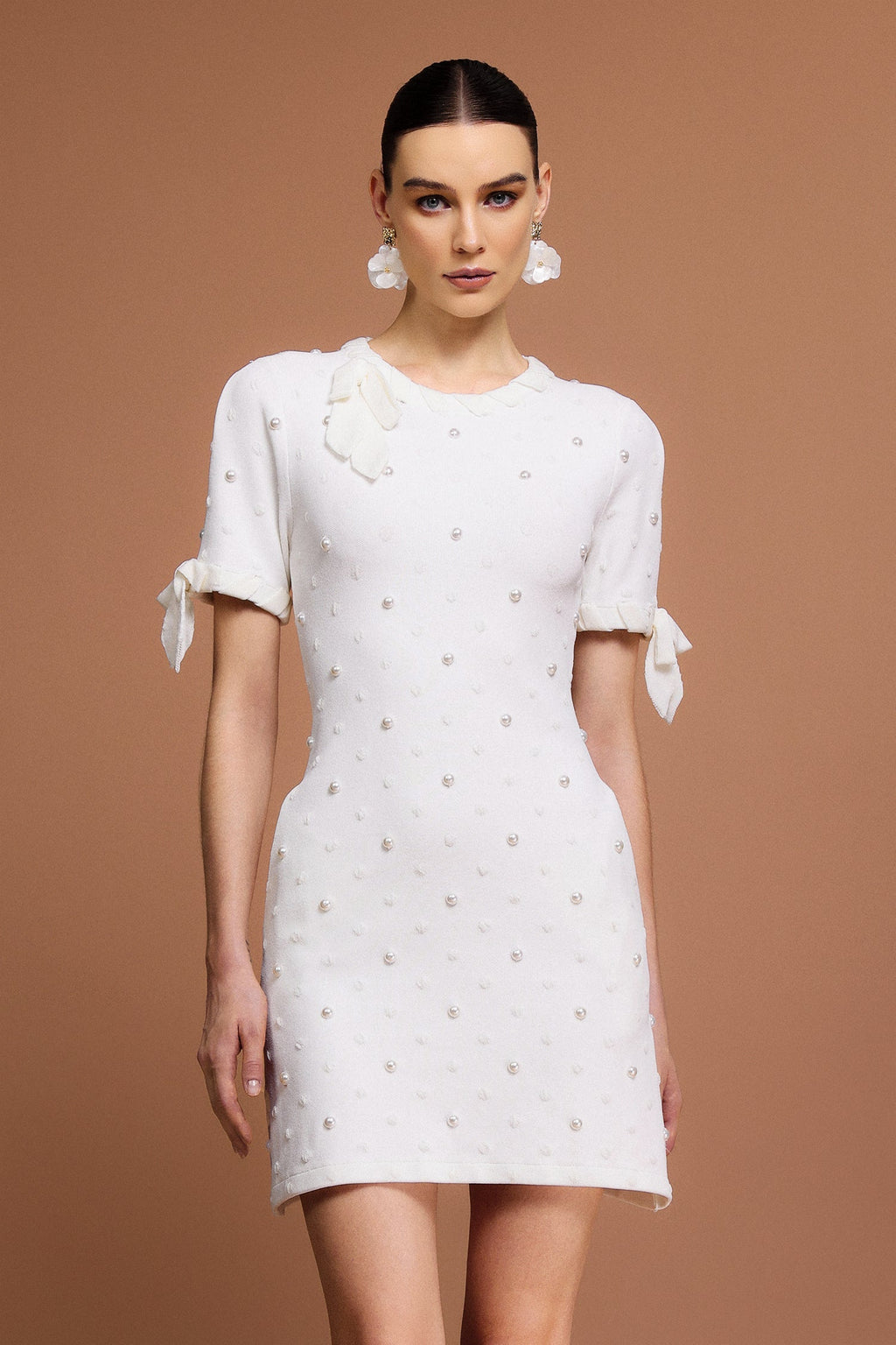 Round Neck Short Sleeves Pearl Dot Printed Mini Dress