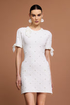 Round Neck Short Sleeves Pearl Dot Printed Mini Dress
