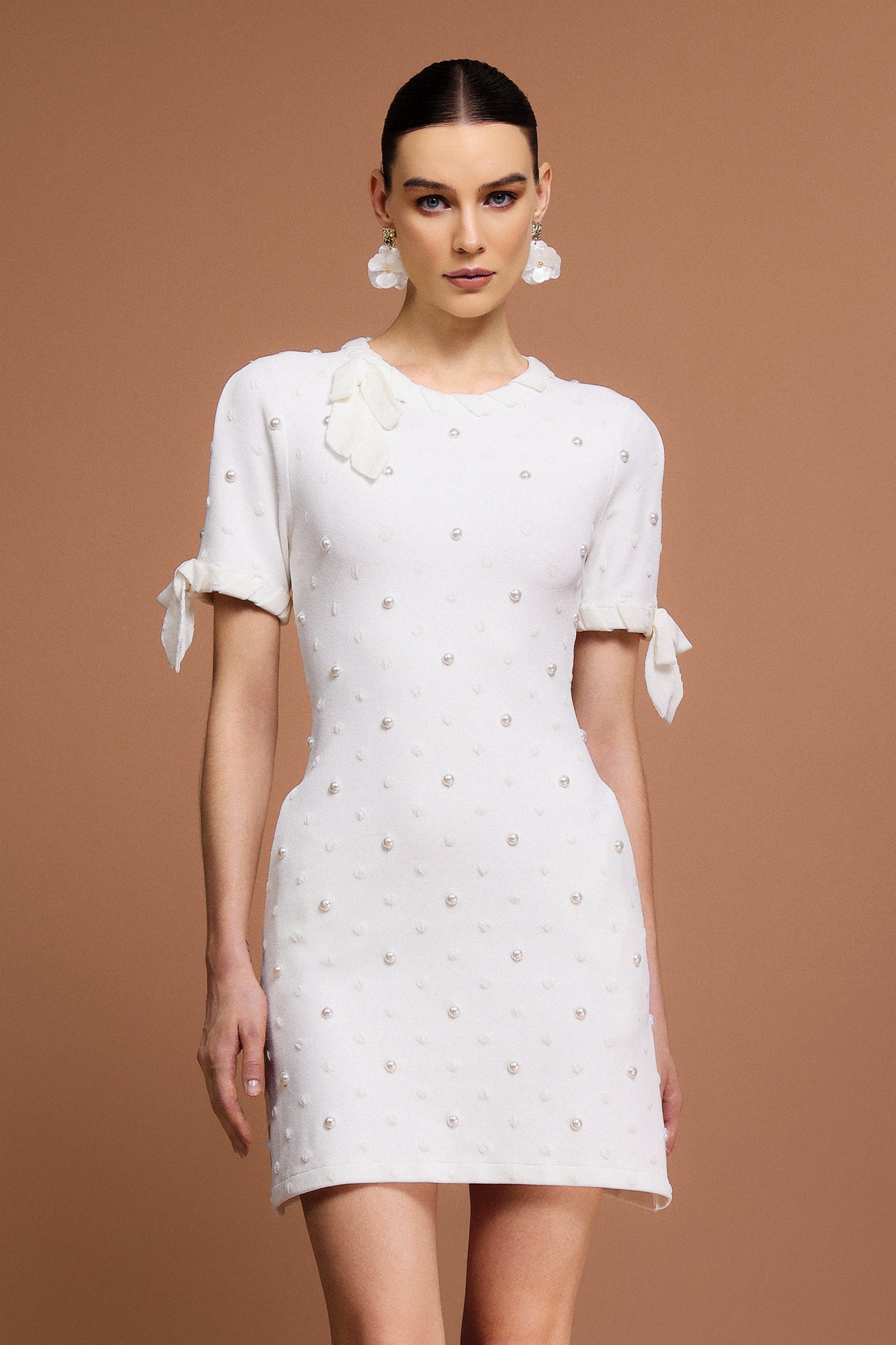 Round Neck Short Sleeves Pearl Dot Printed Mini Dress