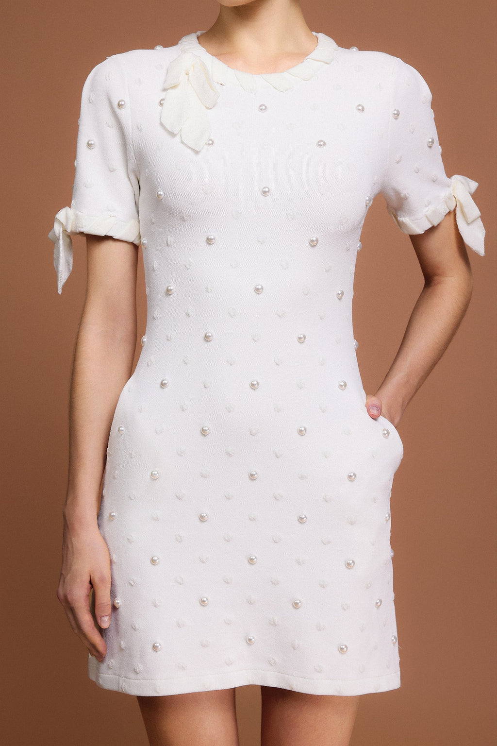 Round Neck Short Sleeves Pearl Dot Printed Mini Dress