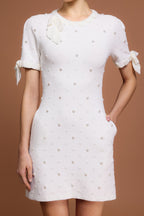 Round Neck Short Sleeves Pearl Dot Printed Mini Dress