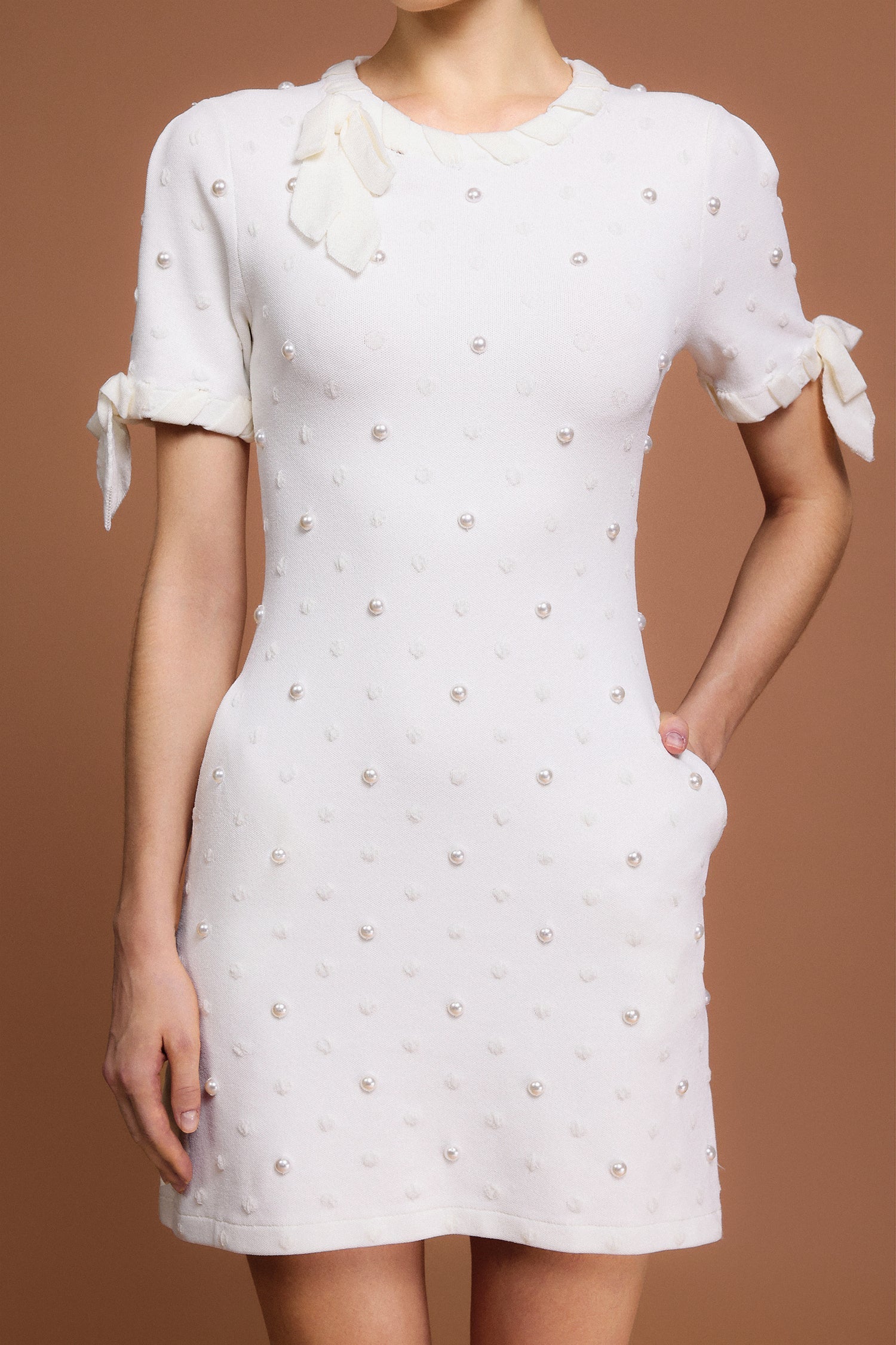 Round Neck Short Sleeves Pearl Dot Printed Mini Dress