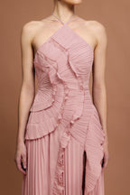 alva Sleeveless Folds Slit Maxi Dress in light pink