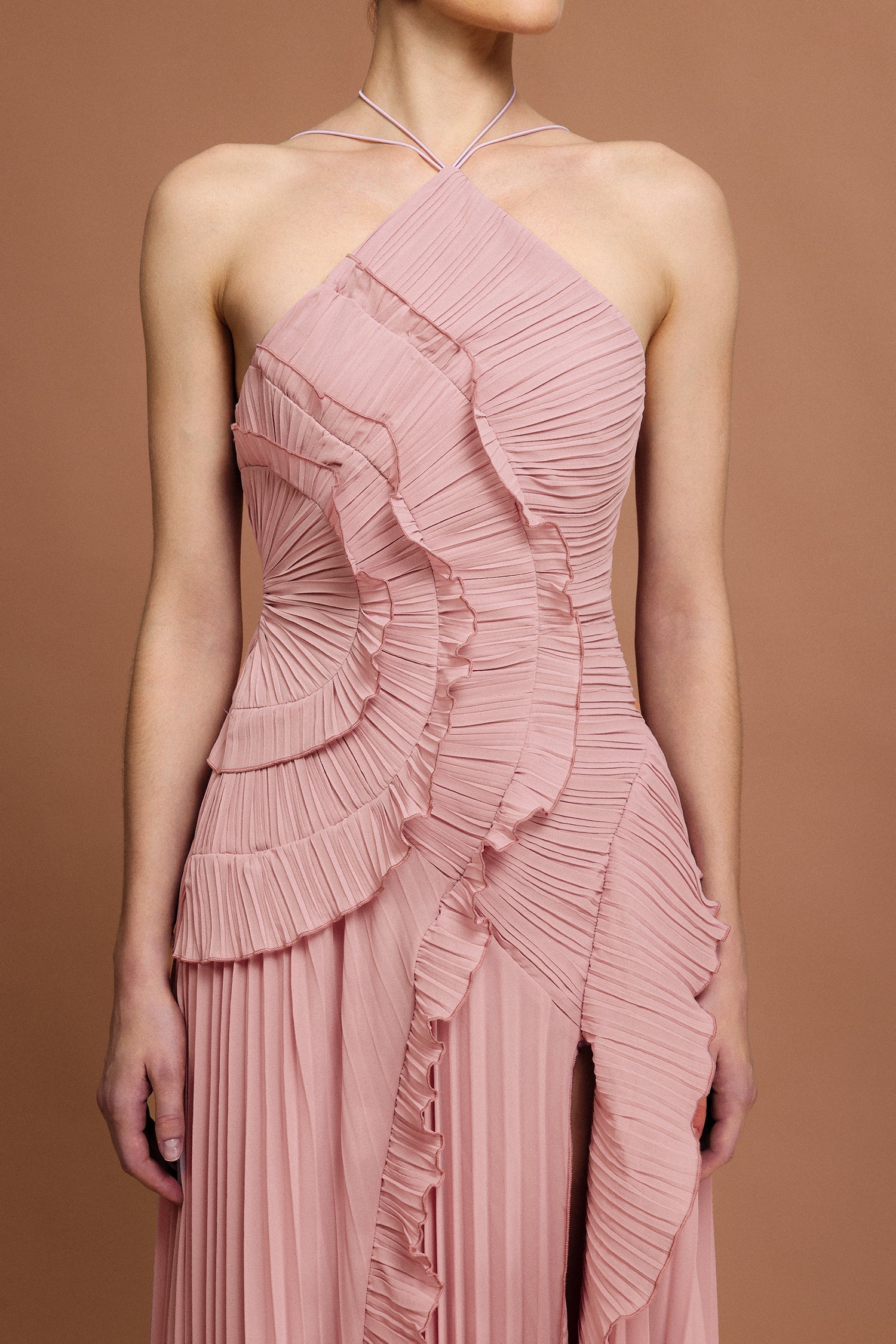 alva Sleeveless Folds Slit Maxi Dress in light pink