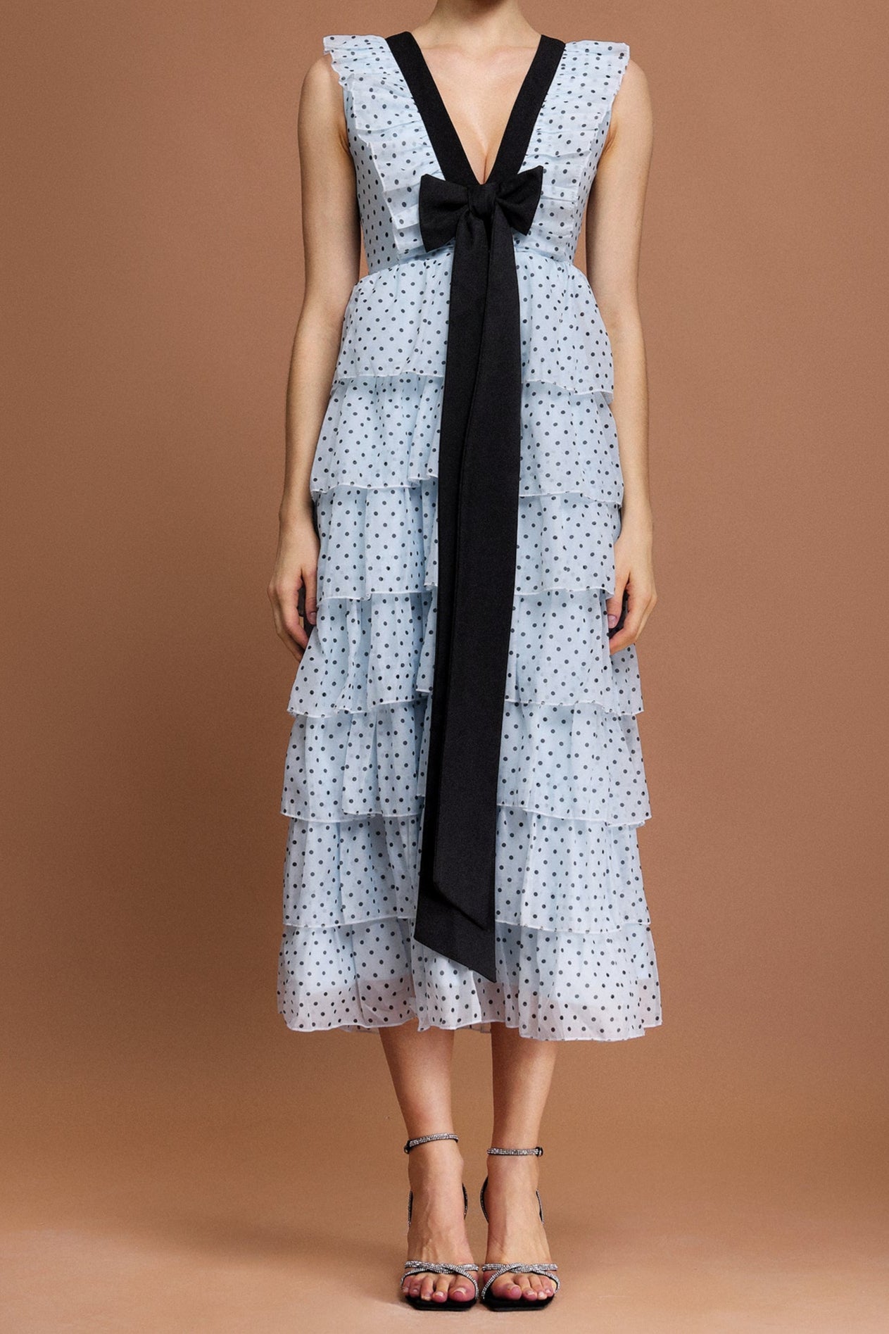 V-Neck Sleeveless Bowknot Folds Dot Printed Midi Dress