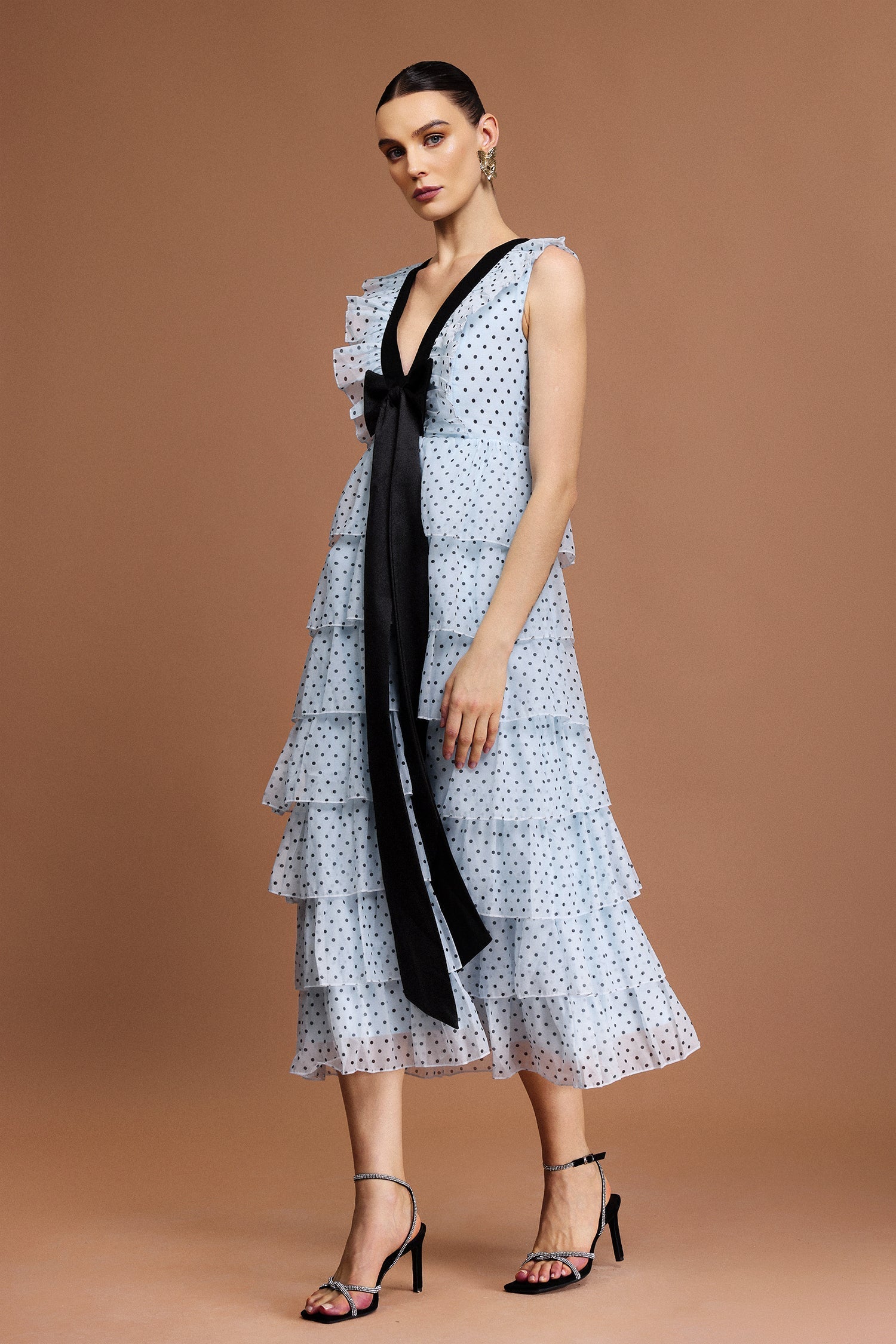 V-Neck Sleeveless Bowknot Folds Dot Printed Midi Dress