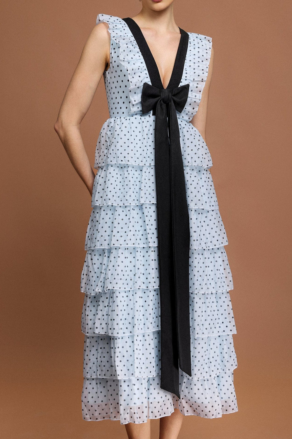 V-Neck Sleeveless Bowknot Folds Dot Printed Midi Dress