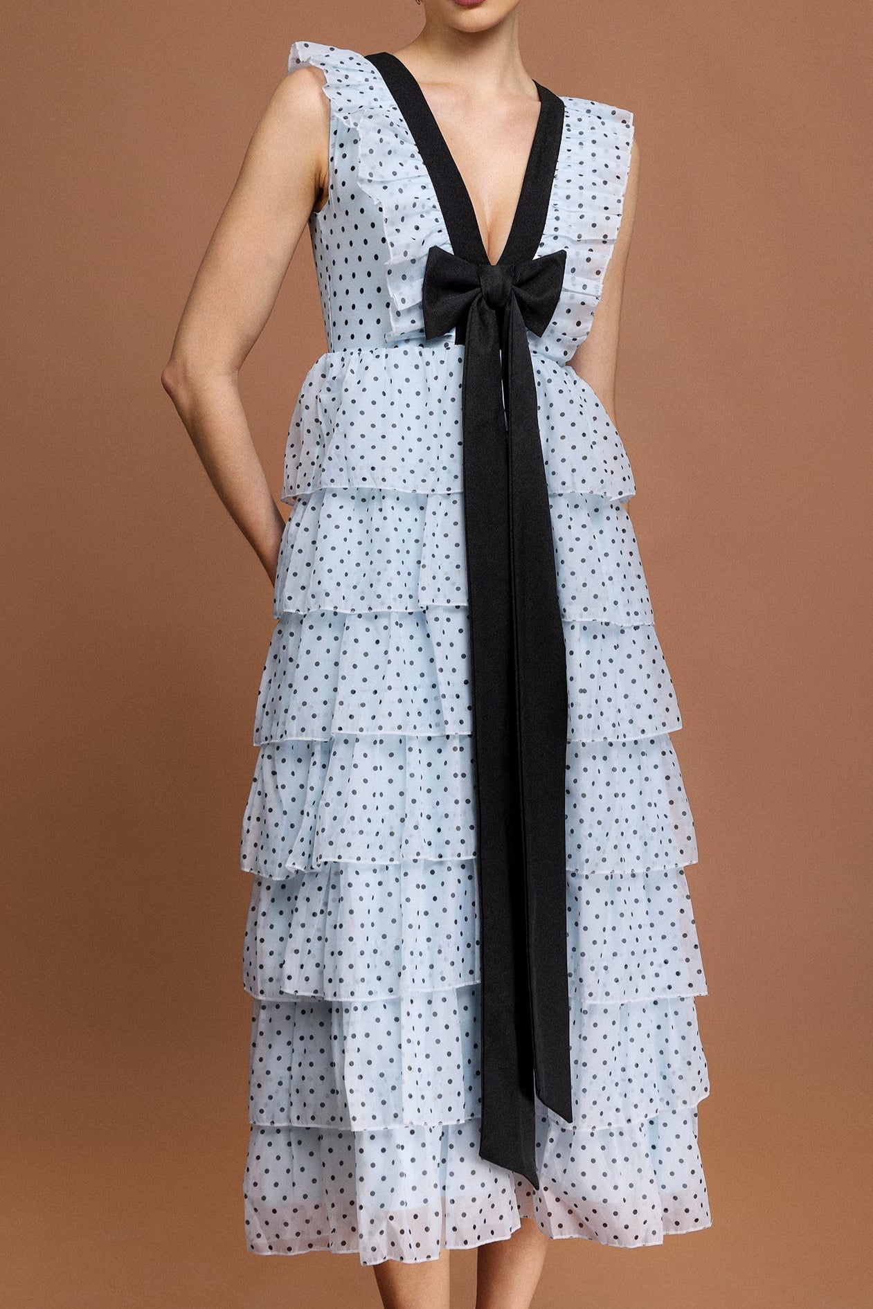 V-Neck Sleeveless Bowknot Folds Dot Printed Midi Dress