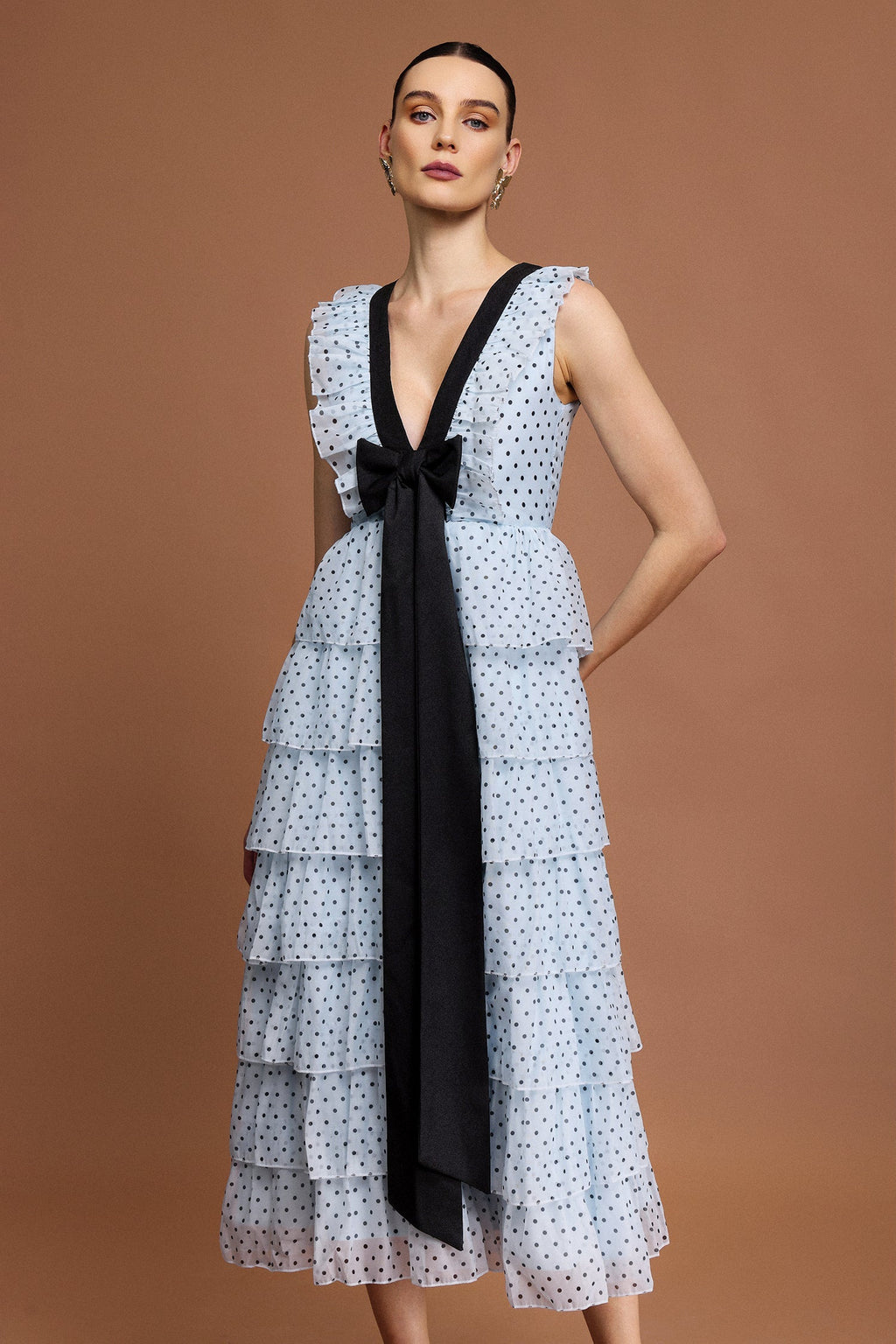 V-Neck Sleeveless Bowknot Folds Dot Printed Midi Dress