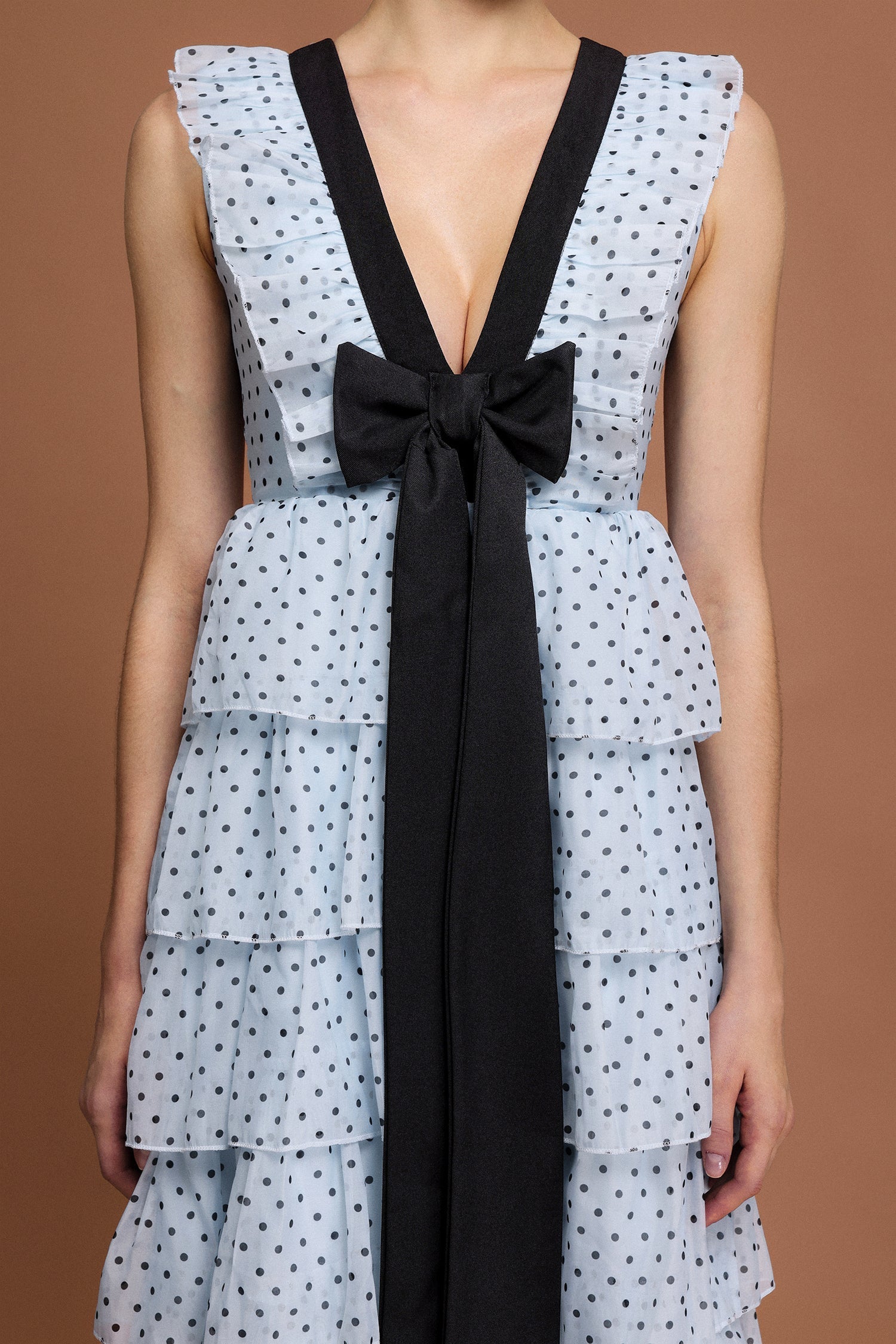 V-Neck Sleeveless Bowknot Folds Dot Printed Midi Dress