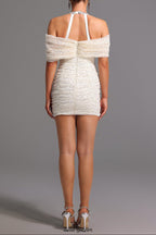 joa Halter Off-The-Shoulder Bow Mini Dress in apricot