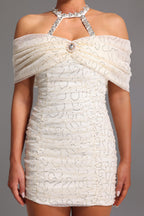 joa Halter Off-The-Shoulder Bow Mini Dress in apricot