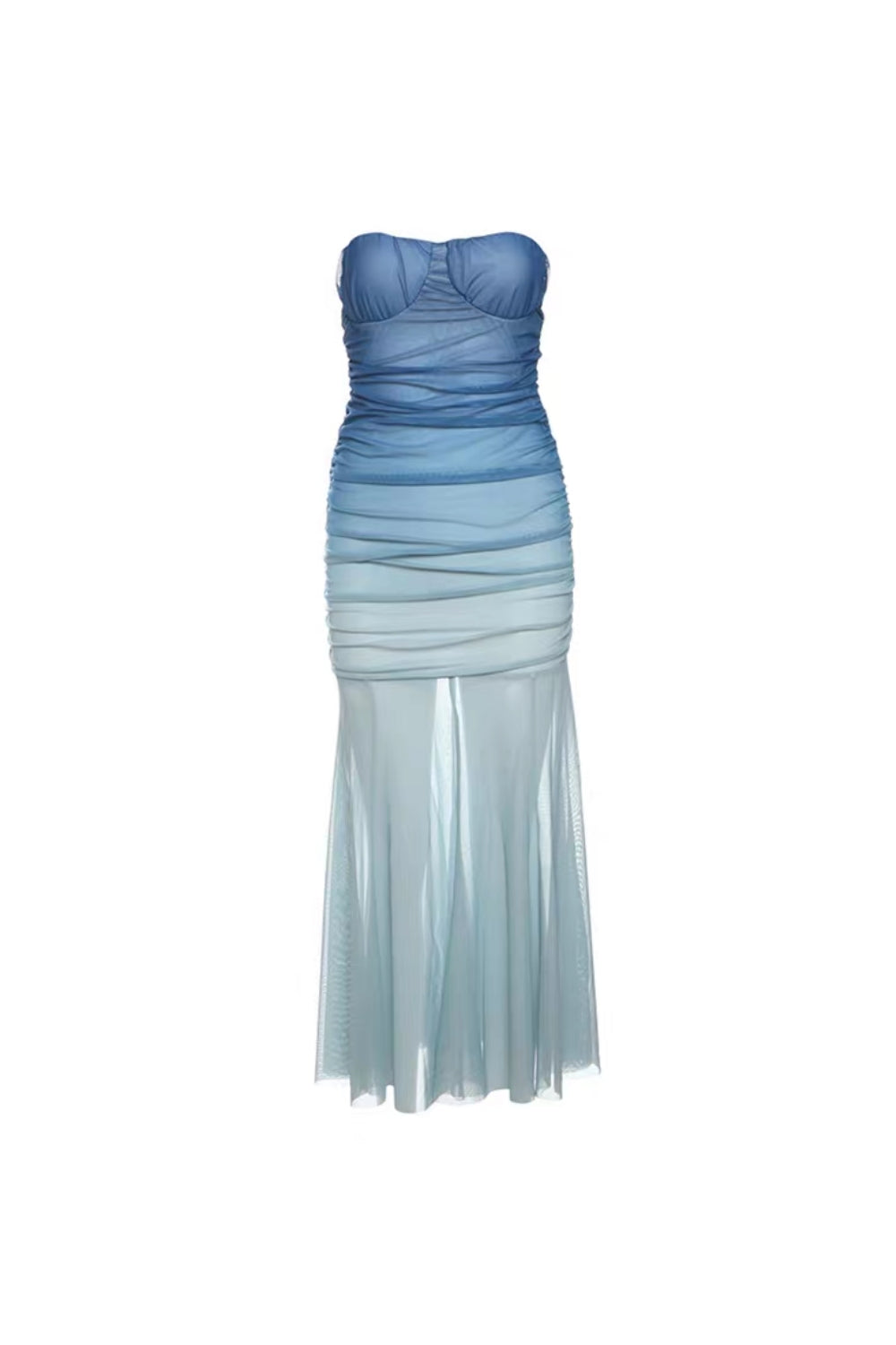 Gradient Mesh Splicing Bodycon Strapless Maxi Dress In Blue