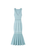 v-neck Beading knit bodycon maxi dress in pale blue
