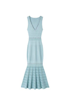 v-neck Beading knit bodycon maxi dress in pale blue