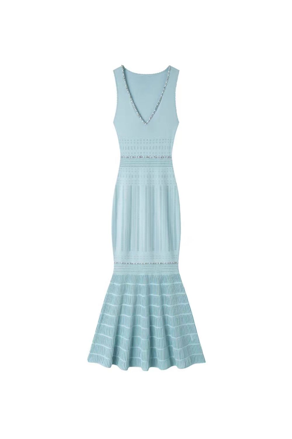 v-neck Beading knit bodycon maxi dress in pale blue