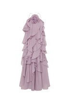 off-shoulder ruffle Layered Maxi Dress in purple