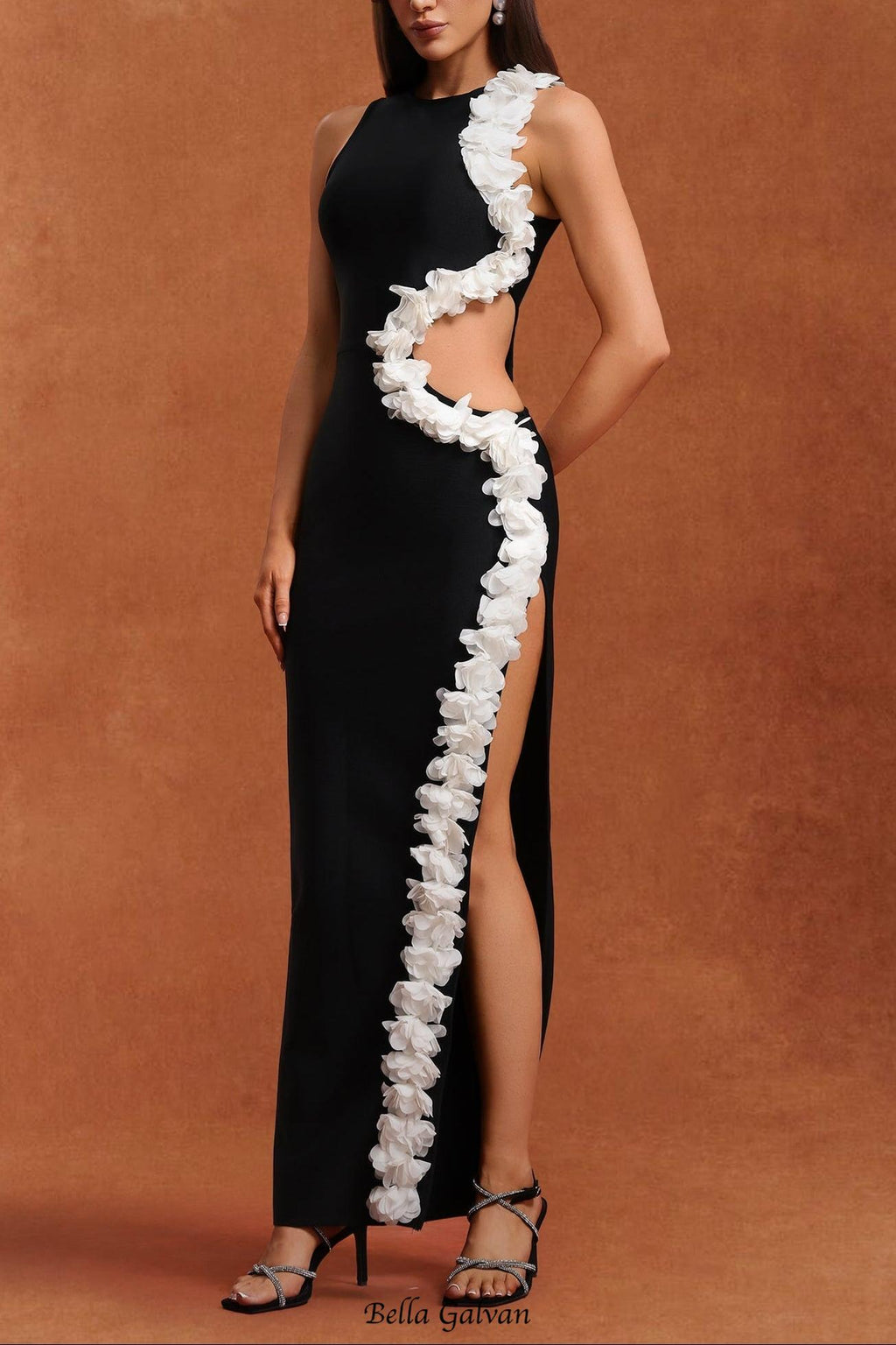 kimberley black Sleeveless Hollow Out Flowers Slit Bandage Maxi Dress