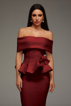 Eleanore Off The Shoulder  Ruffled Edge Red Midi Dress