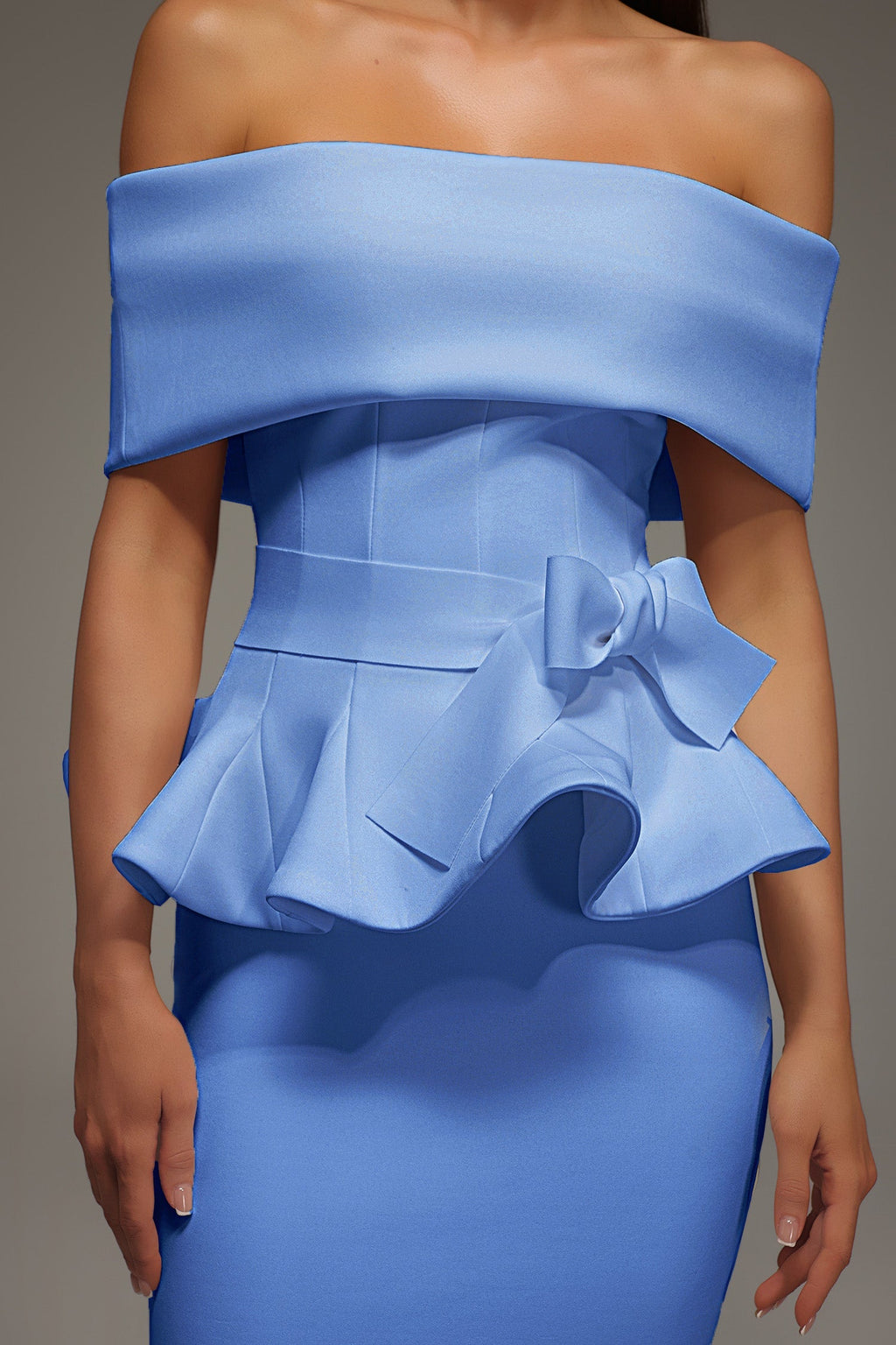 Eleanore Off The Shoulder  Ruffled Edge Blue Midi Dress