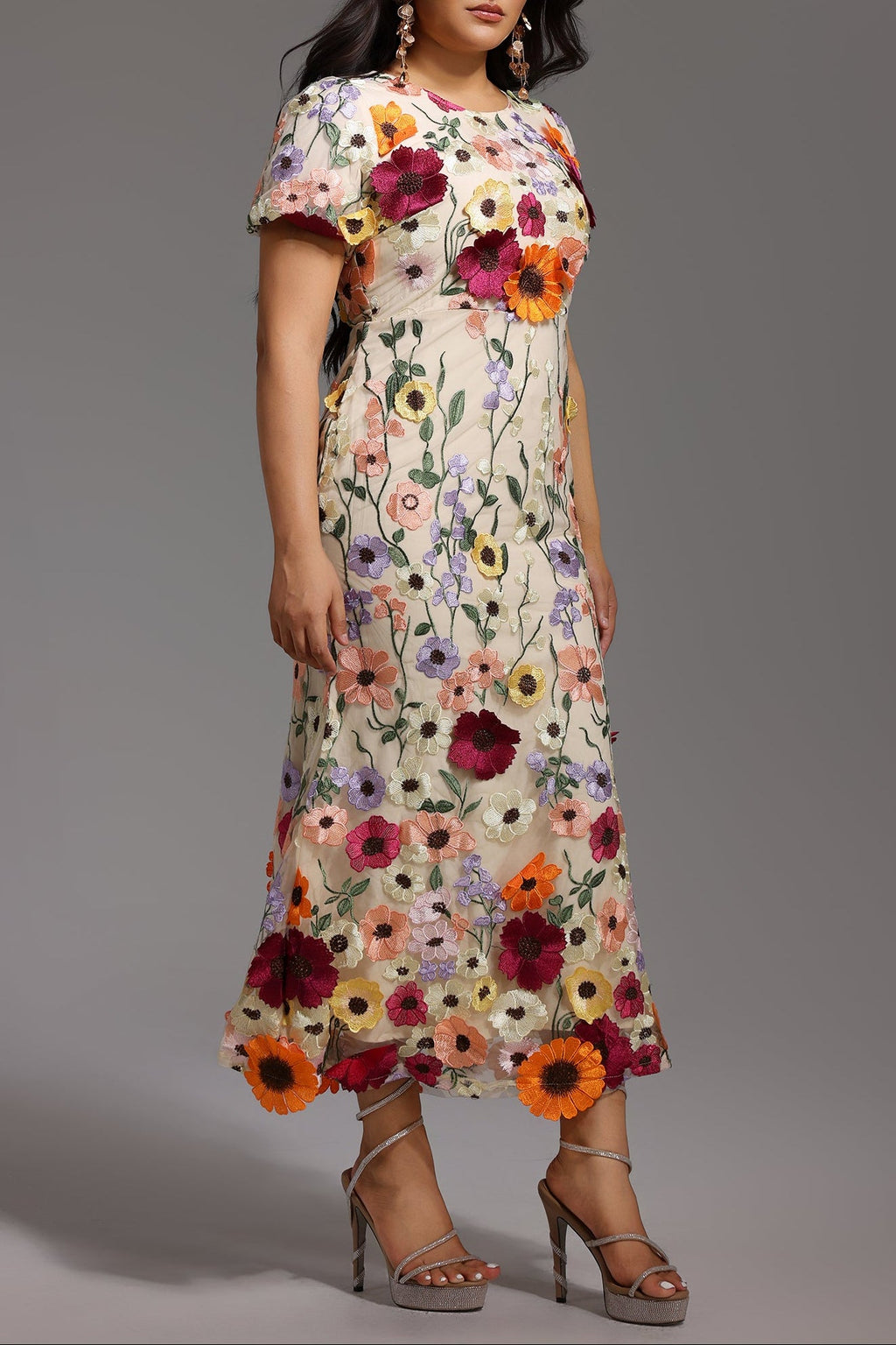 Naya Short Sleeve Round Neck Flowers Fishtail Midi Dress