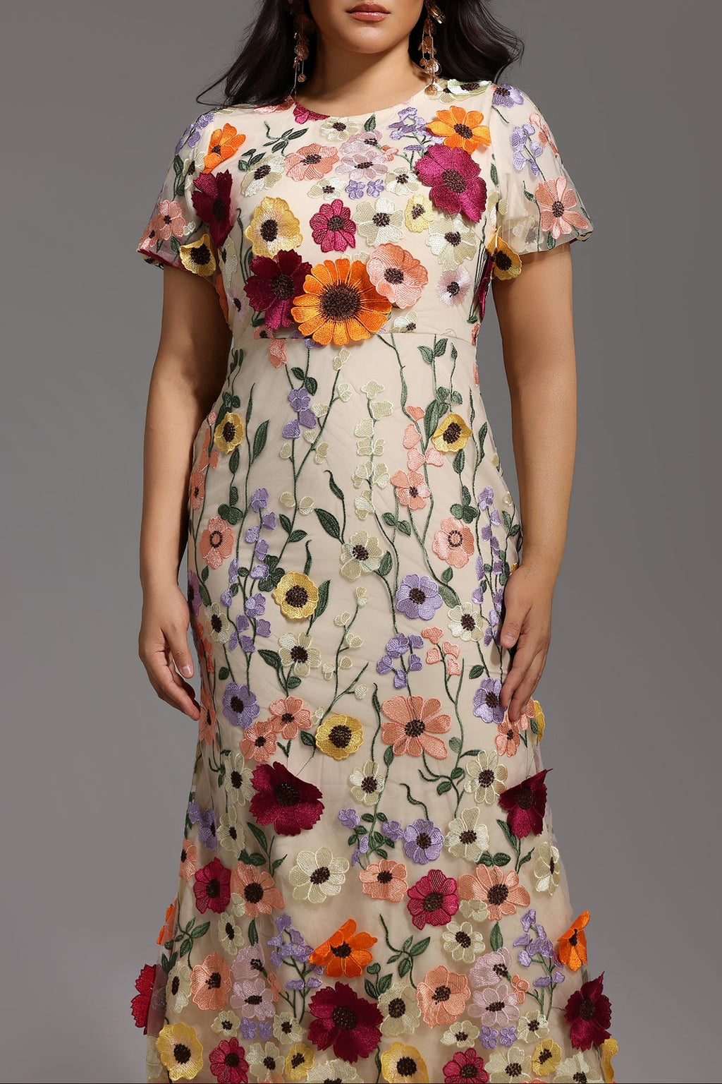 Naya Short Sleeve Round Neck Flowers Fishtail Midi Dress