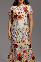 Naya Short Sleeve Round Neck Flowers Fishtail Midi Dress