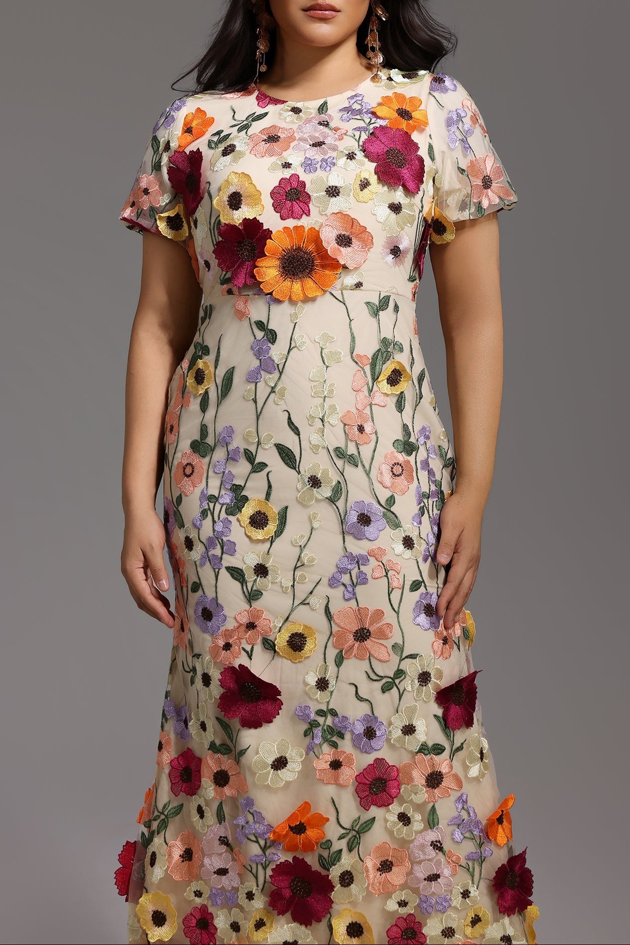 Naya Short Sleeve Round Neck Flowers Fishtail Midi Dress