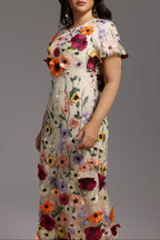 Naya Short Sleeve Round Neck Flowers Fishtail Midi Dress