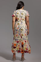 Naya Short Sleeve Round Neck Flowers Fishtail Midi Dress