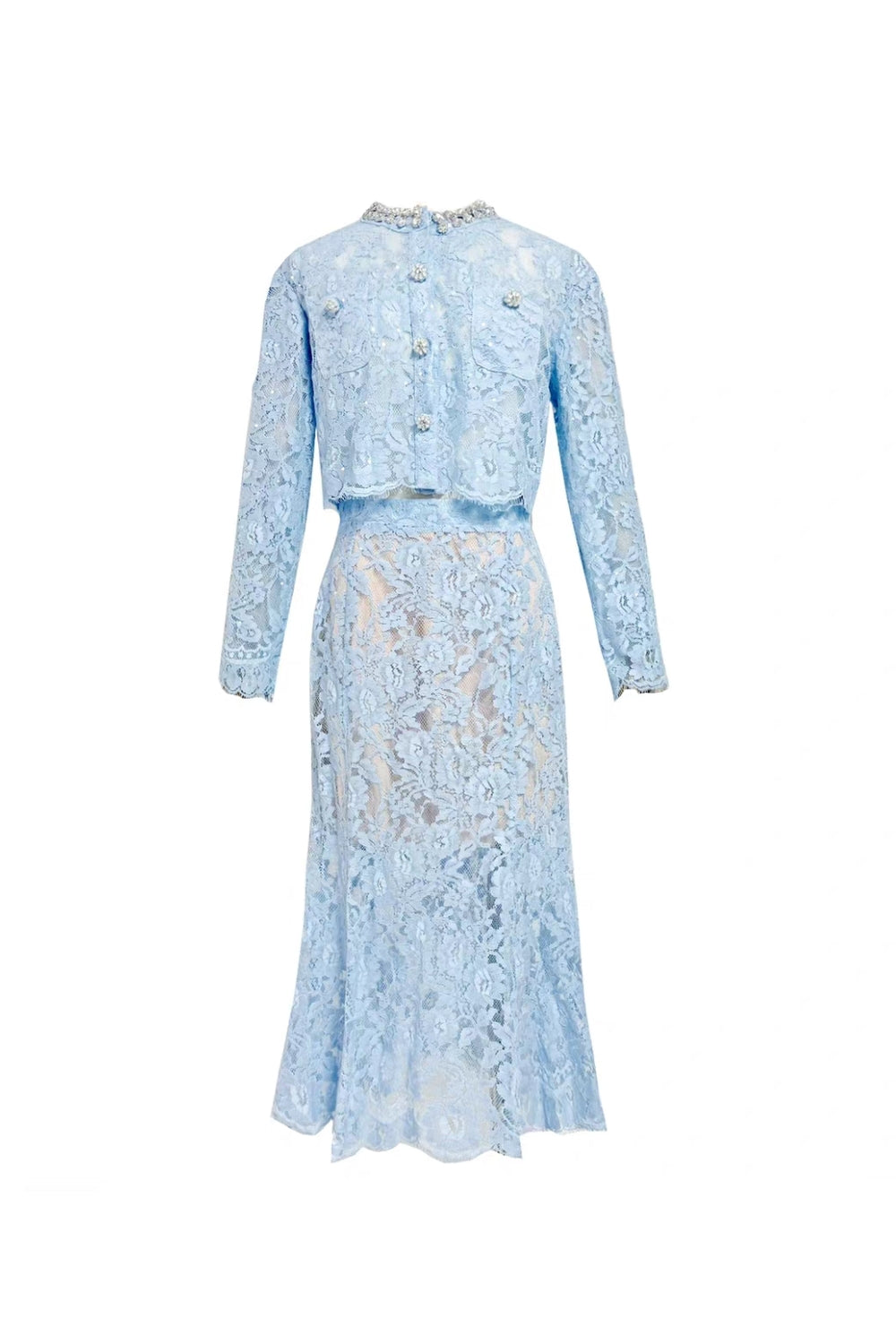 carol lace embellished top & midi skirt in blue