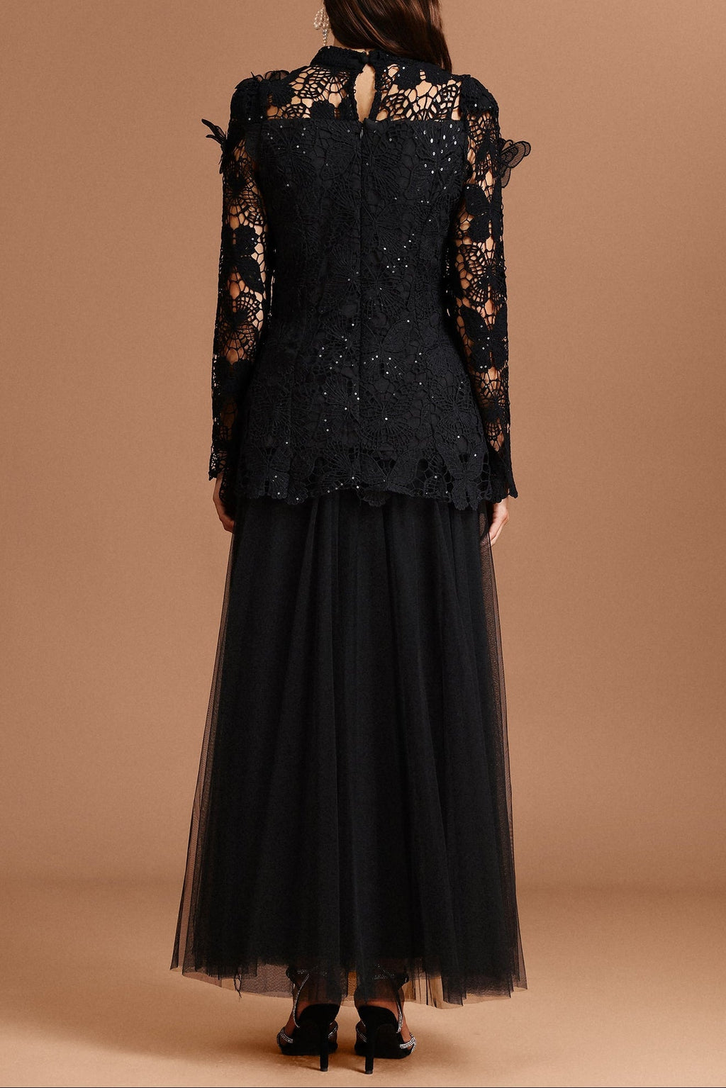 yvette black Long Sleeve Folds Lace Butterfly Top And Skirt Two-Piece Set