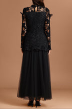 yvette black Long Sleeve Folds Lace Butterfly Top And Skirt Two-Piece Set