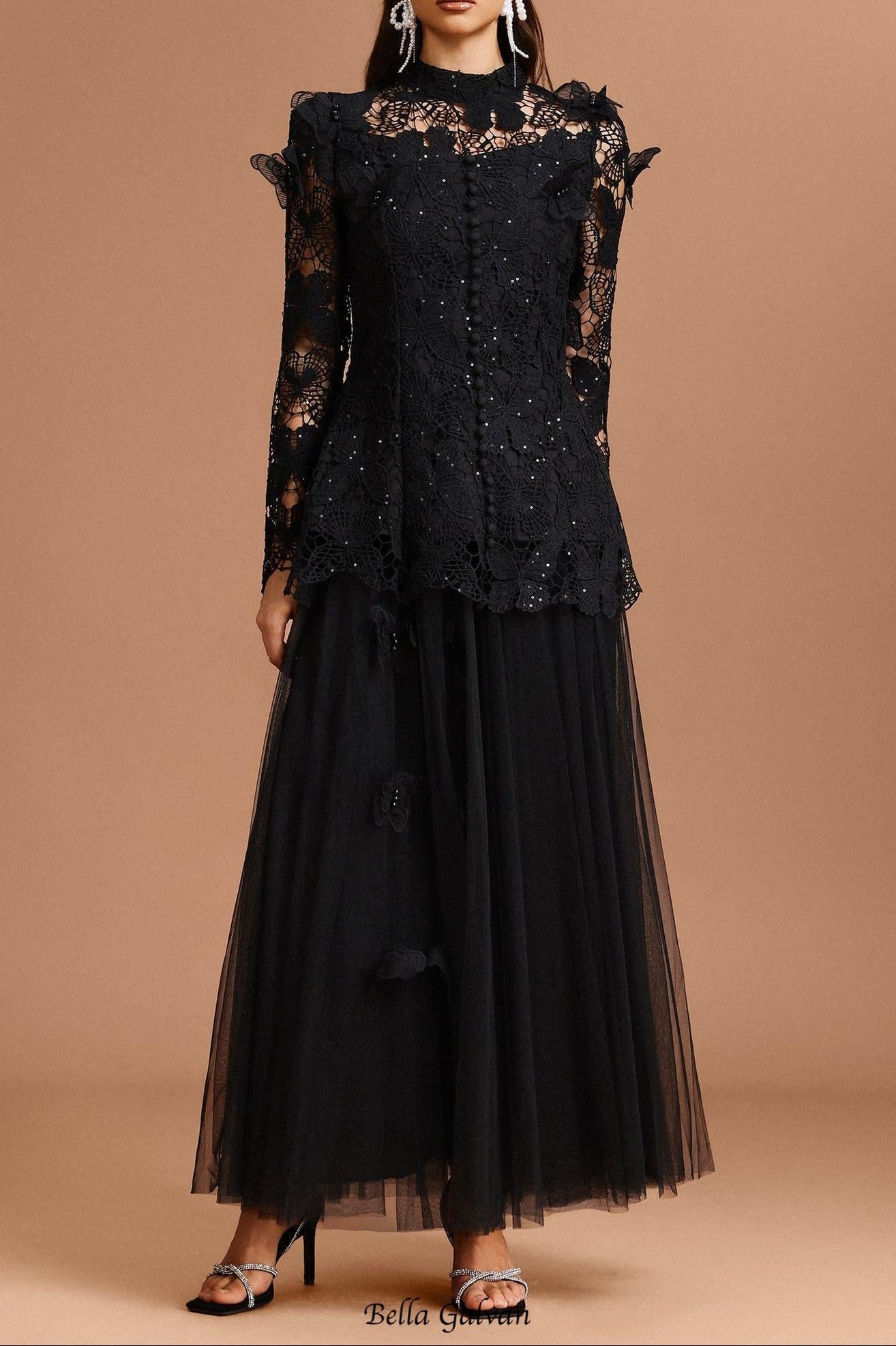 yvette black Long Sleeve Folds Lace Butterfly Top And Skirt Two-Piece Set