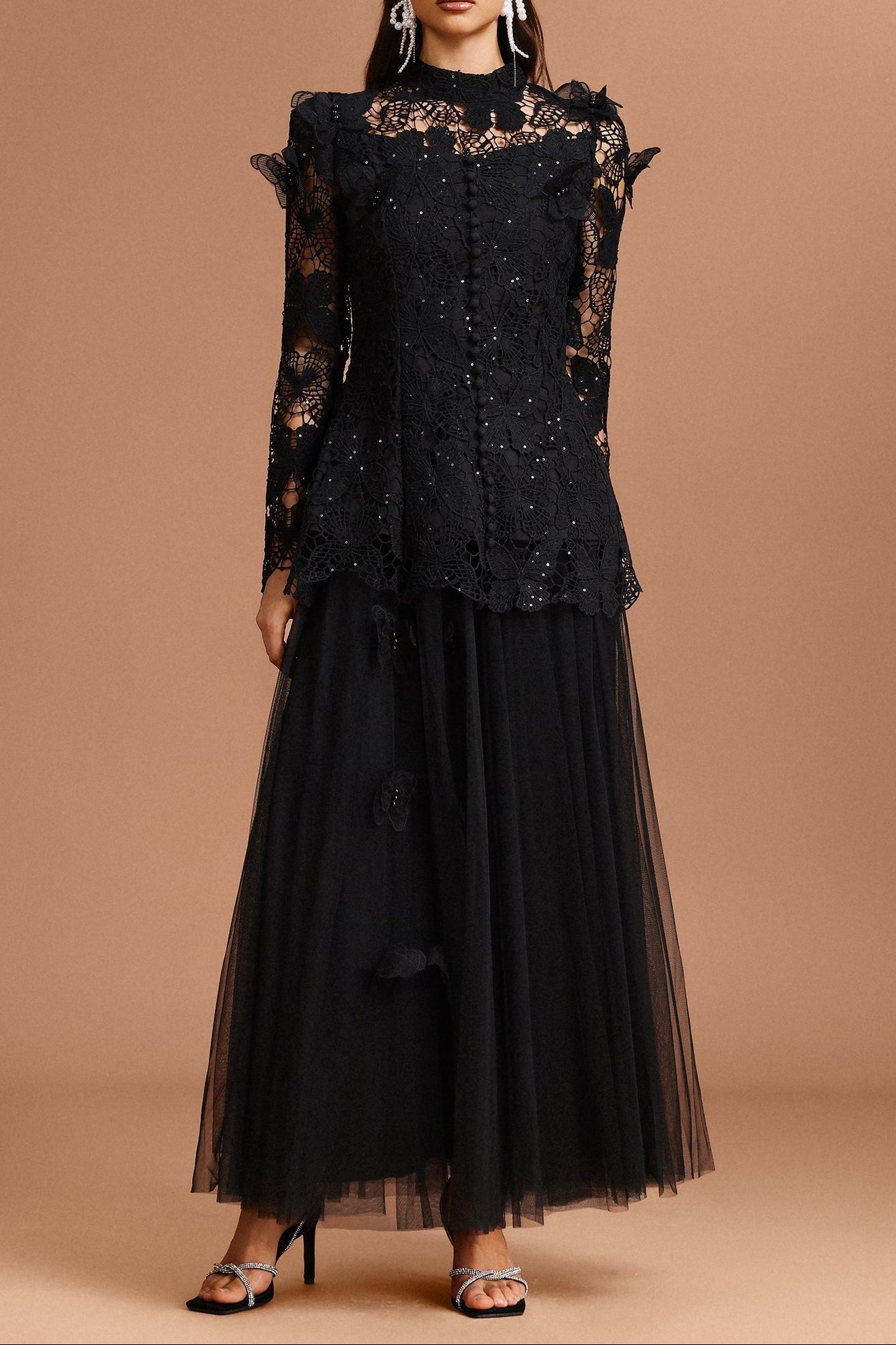 Yvette Black Long Sleeve Folds Lace Butterfly Top And Skirt Two-Piece Set