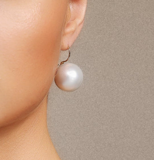 Flowering Girl Women Large Round Pearl Gold Huggie Drop Earrings