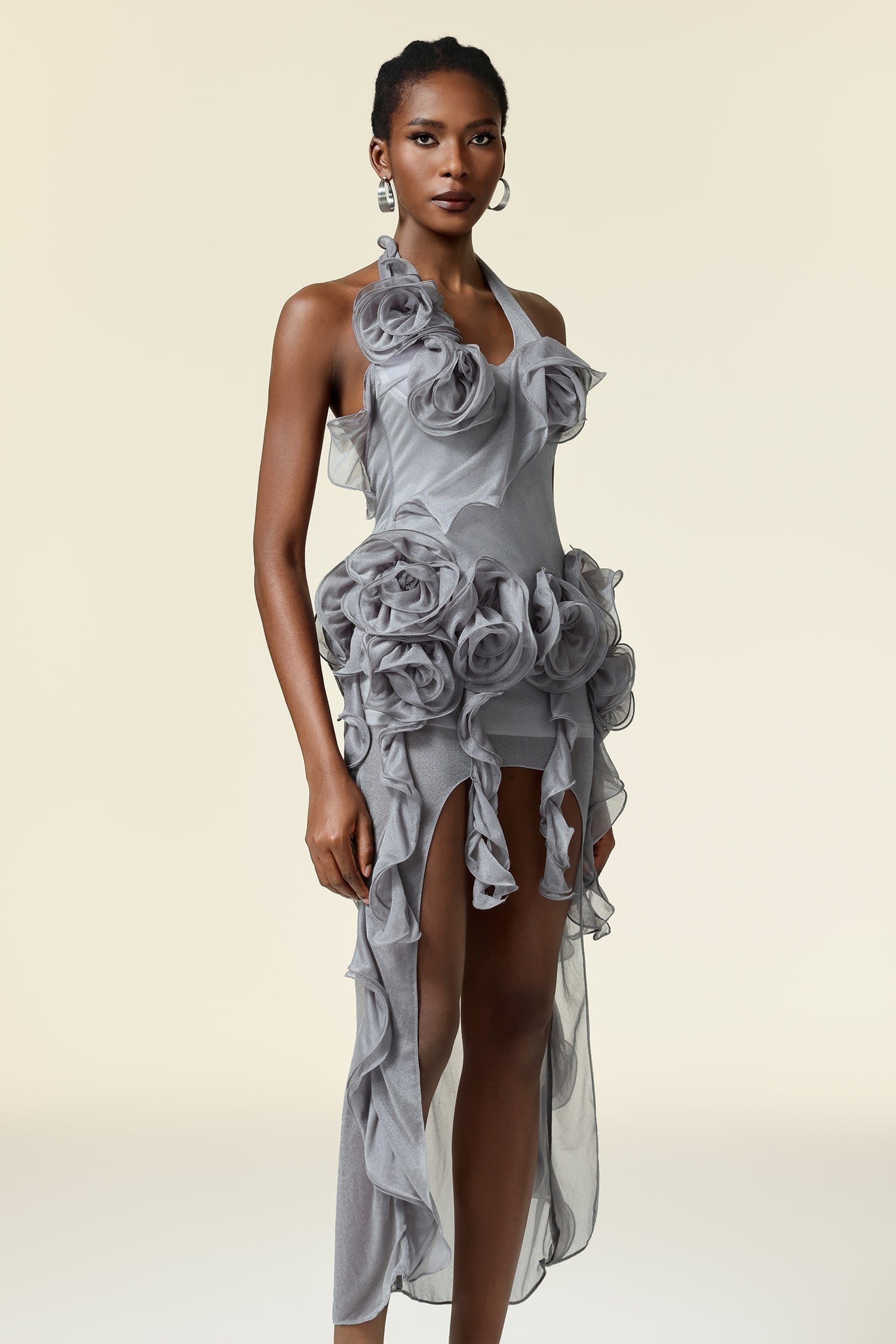 melissa grey Flower Asymmetric Folds Streame Mini Dress