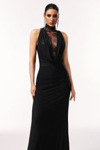 Guga Halter Sleeveless Lace Wrinkle Maxi Dress